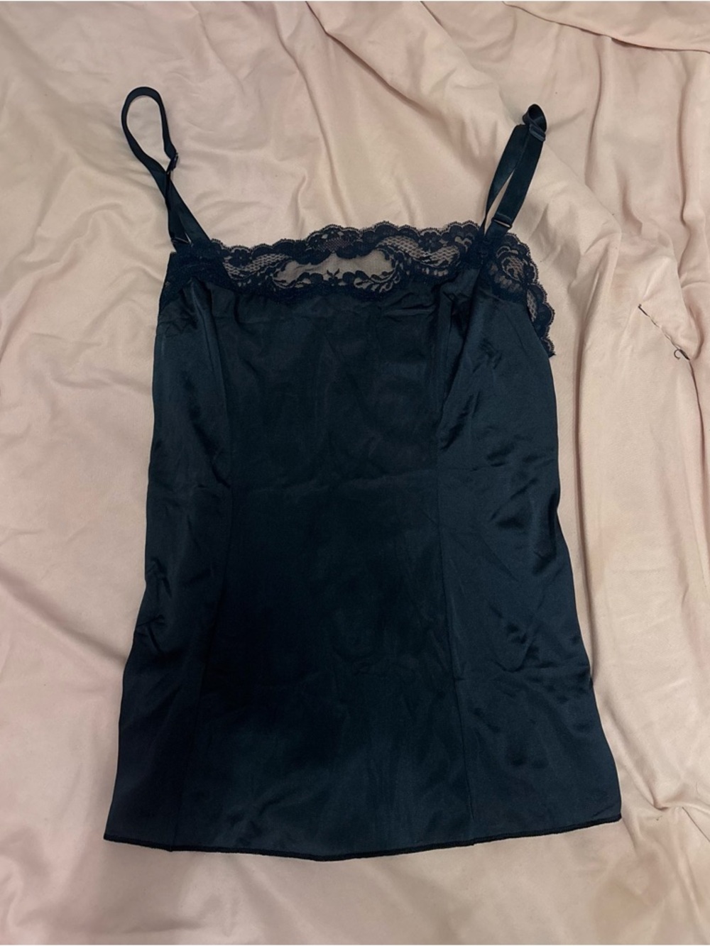 Vintage Lorraine Navy Blue Lace-Trim Satin Cami Top